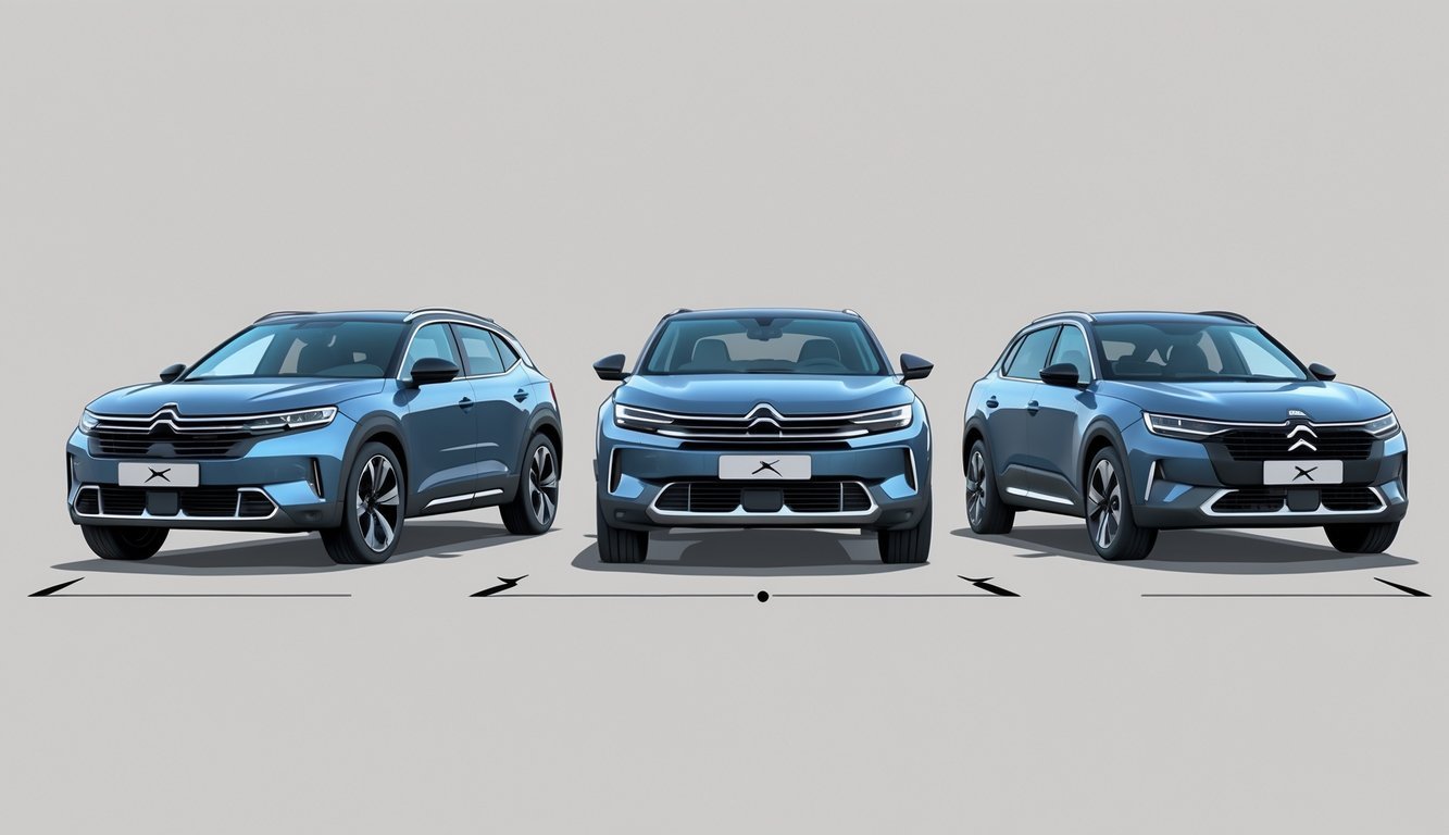 Tri moderna automobila postavljena jedan do drugog, s Citroen C5 X u sredini, prikazani iz prednjeg kuta radi usporedbe dizajna i značajki.