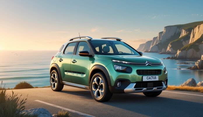 Citroën C4 Cactus parkiran na obalnoj cesti uz more i stjenovite litice u pozadini.