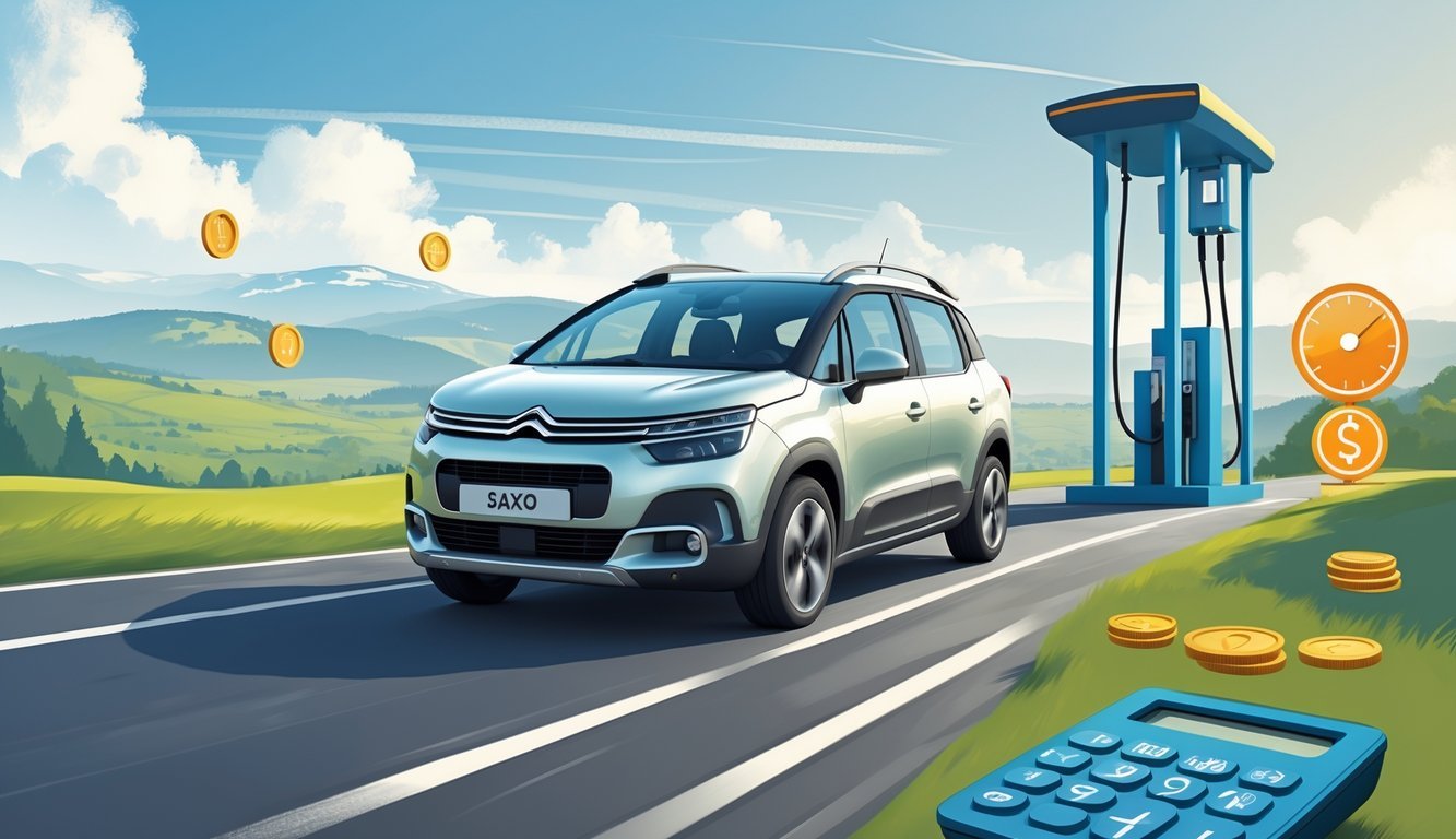 Citroën Saxo 1.5 diesel automobil na cesti s prikazom elemenata koji simboliziraju potrošnju goriva i troškove vožnje.