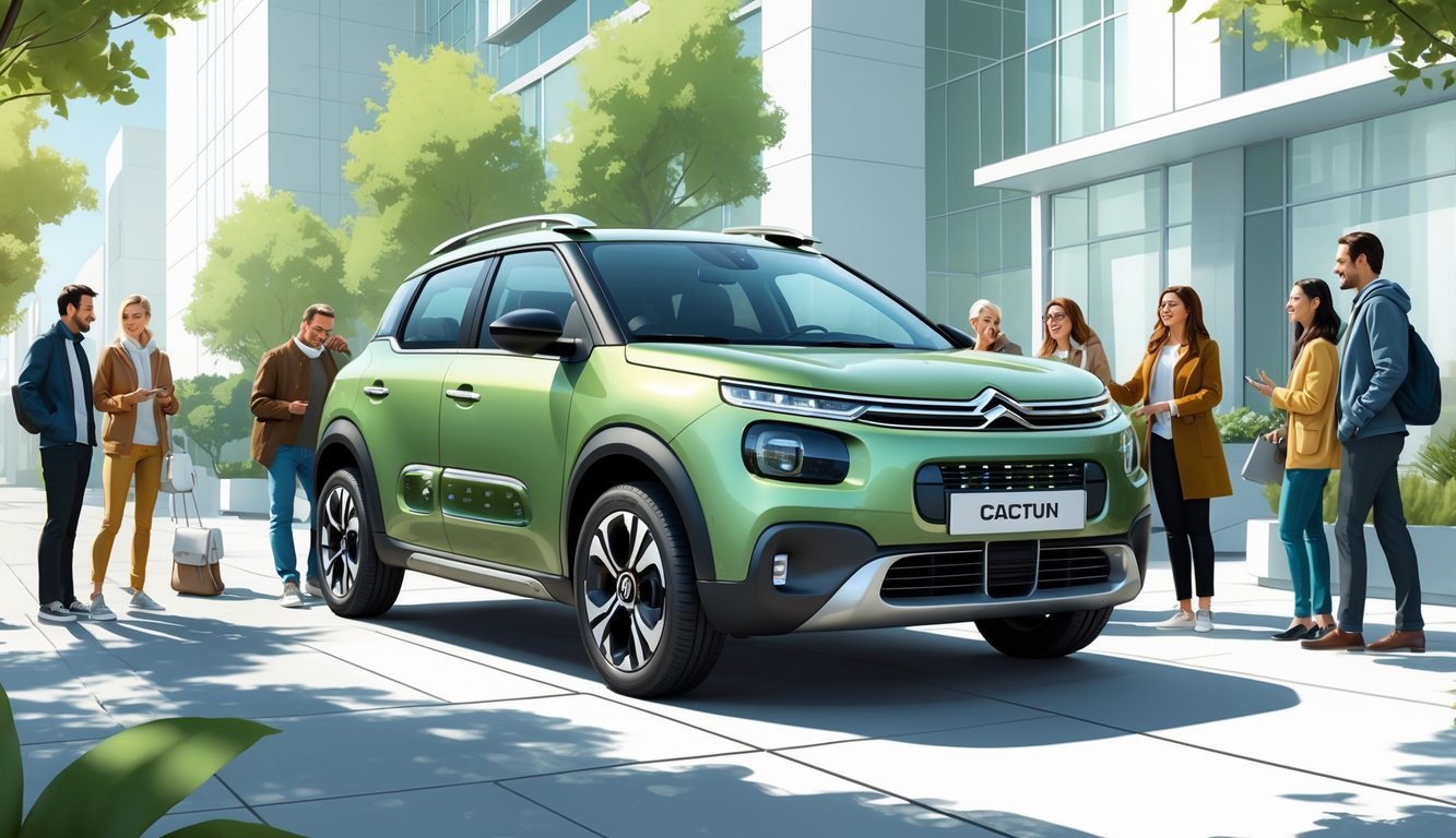 Moderan Citroën Cactus automobil parkiran u gradskom okruženju s ljudima oko njega.