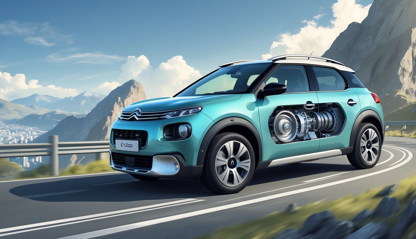 Citroën Cactus automobil na cesti s prikazom motora i mjenjača kroz prozirni presjek.