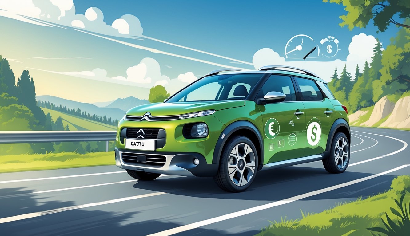Citroën Cactus na cesti s prikazom elemenata koji simboliziraju potrošnju goriva i troškove vožnje.