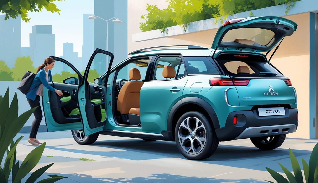 Automobil Citroën Cactus parkiran u urbanom okruženju s otvorenim vratima koja otkrivaju prostranu i udobnu unutrašnjost te osobe koje koriste praktične značajke vozila.