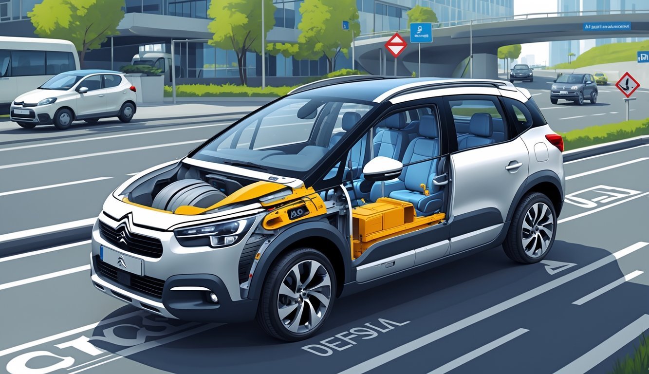 Prikaz Citroën Saxo 1.5 dizelskog automobila s istaknutim sigurnosnim značajkama i sustavima pomoći vozaču.