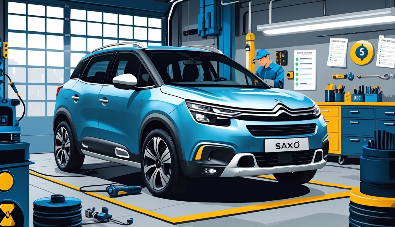 Citroën Saxo 1.5 diesel automobil u garaži dok mehaničar pregledava motor, okružen simbolima uobičajenih kvarova i troškova servisa.