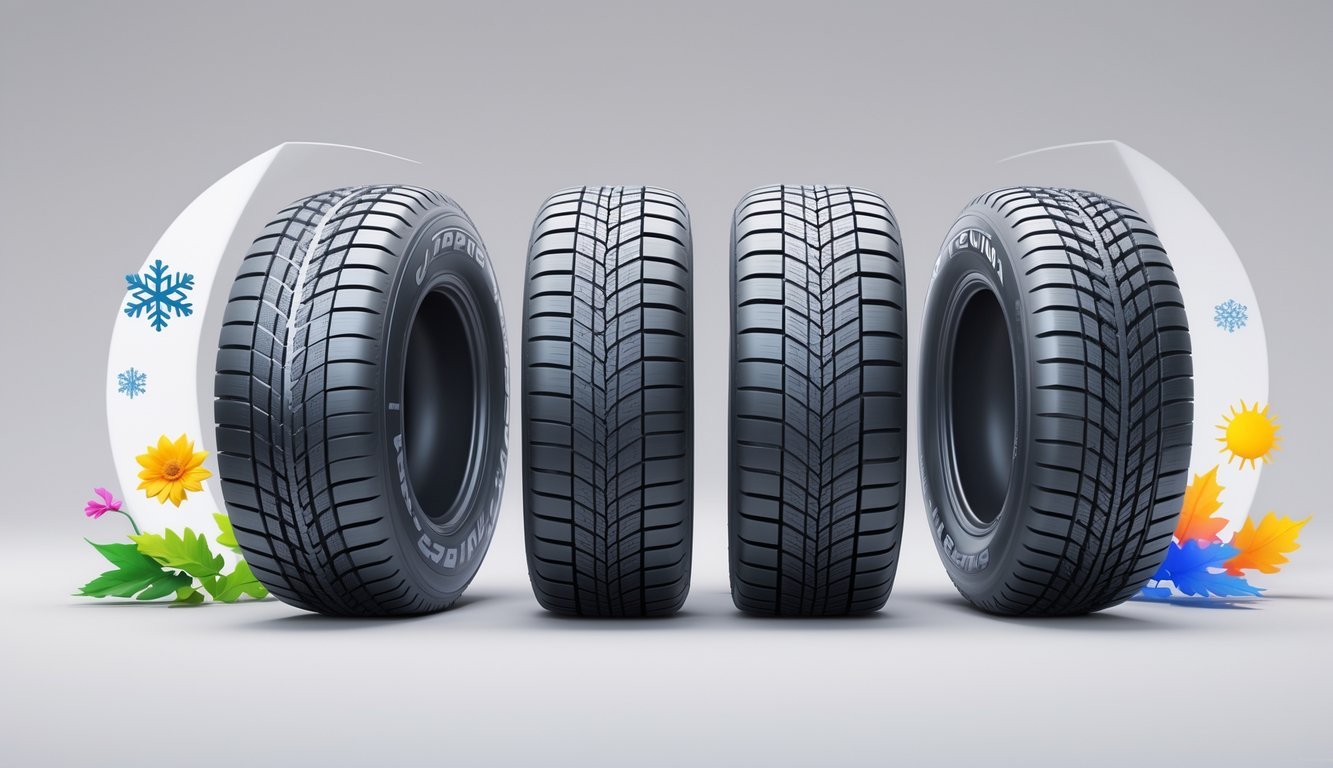 Četiri gume za sve sezone postavljene u polukrug s prikazom simbola za četiri godišnja doba oko njih.