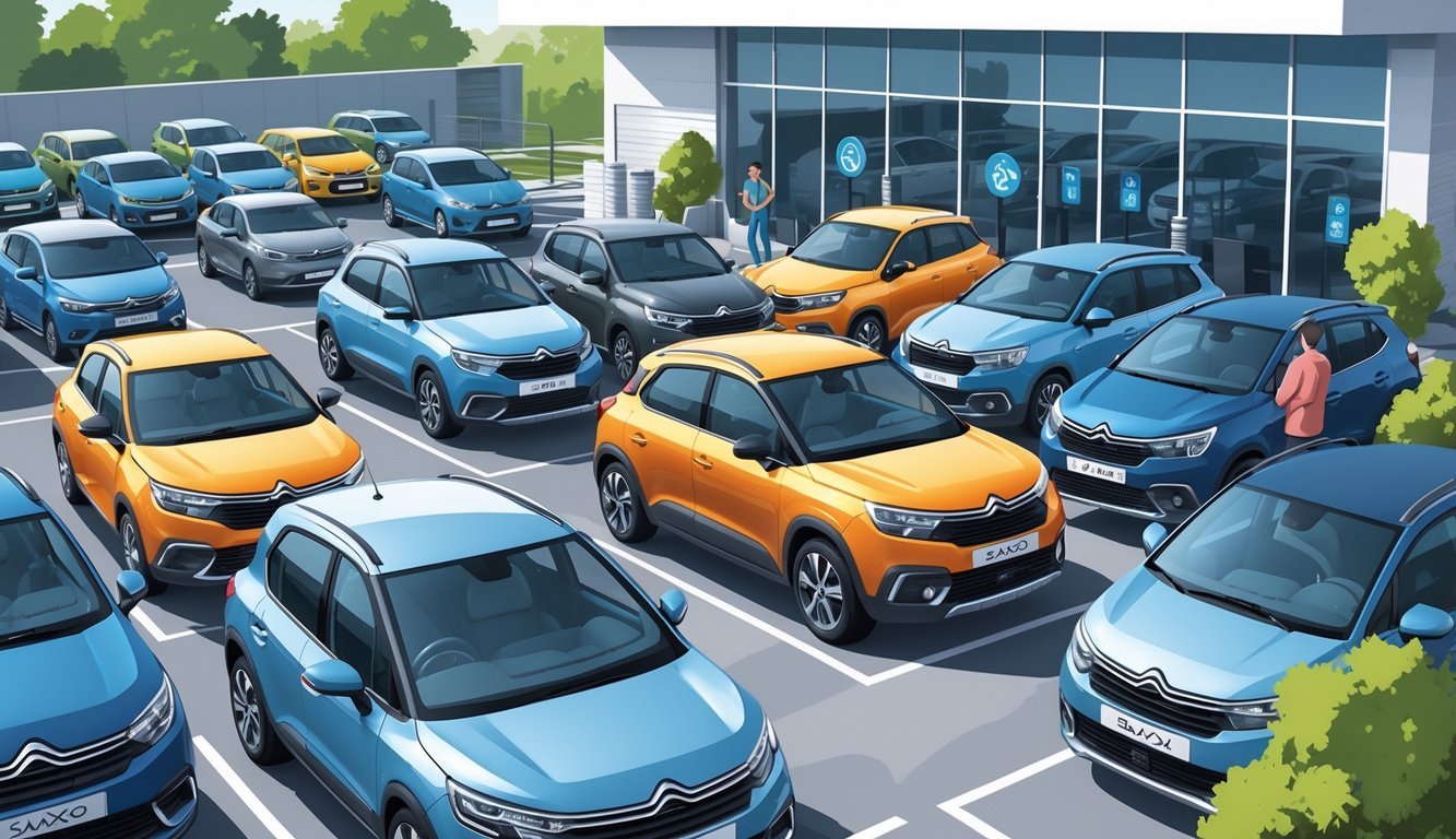 Prikaz nekoliko rabljenih Citroen Saxo 1.5 diesel automobila na prodajnom mjestu s kupcima i zgradom salona u pozadini.