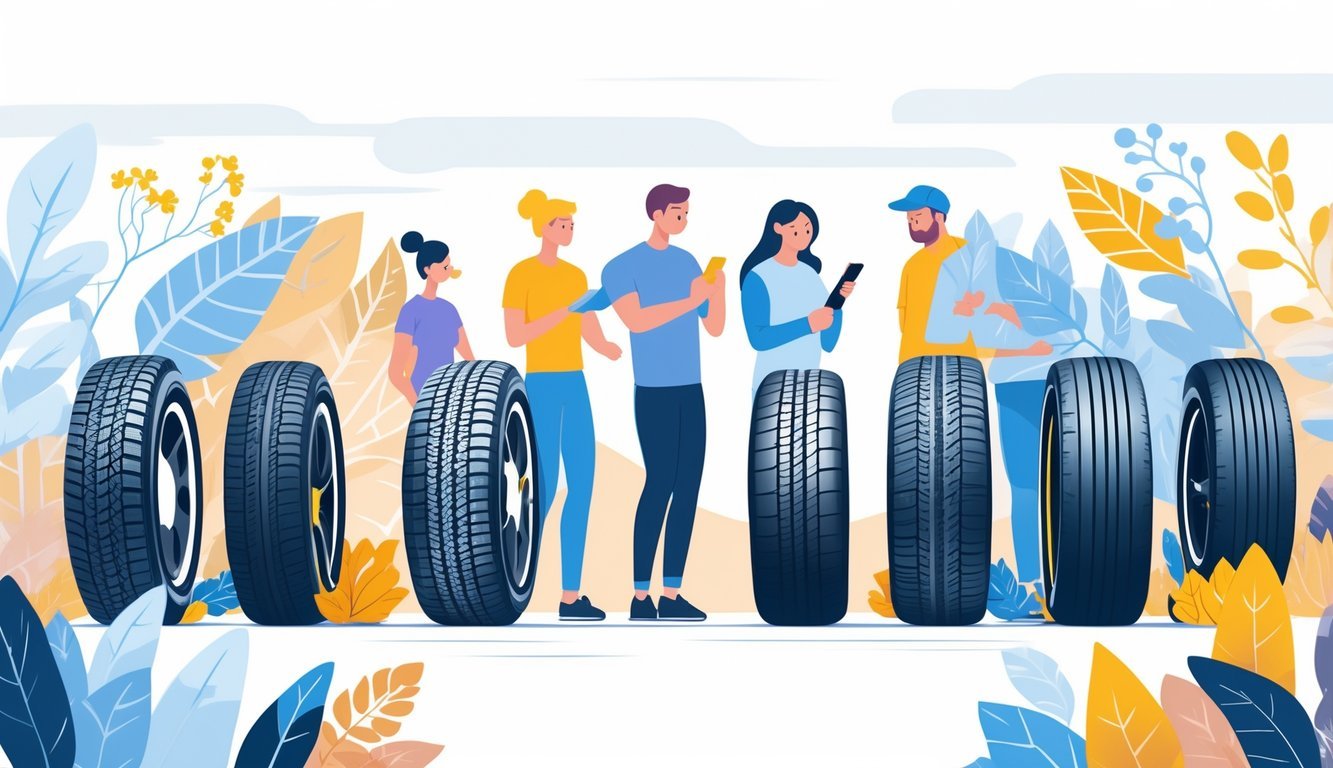 Prikaz različitih cjelogodišnjih guma s ljudima koji ih pregledavaju i simbolima godišnjih doba u pozadini.