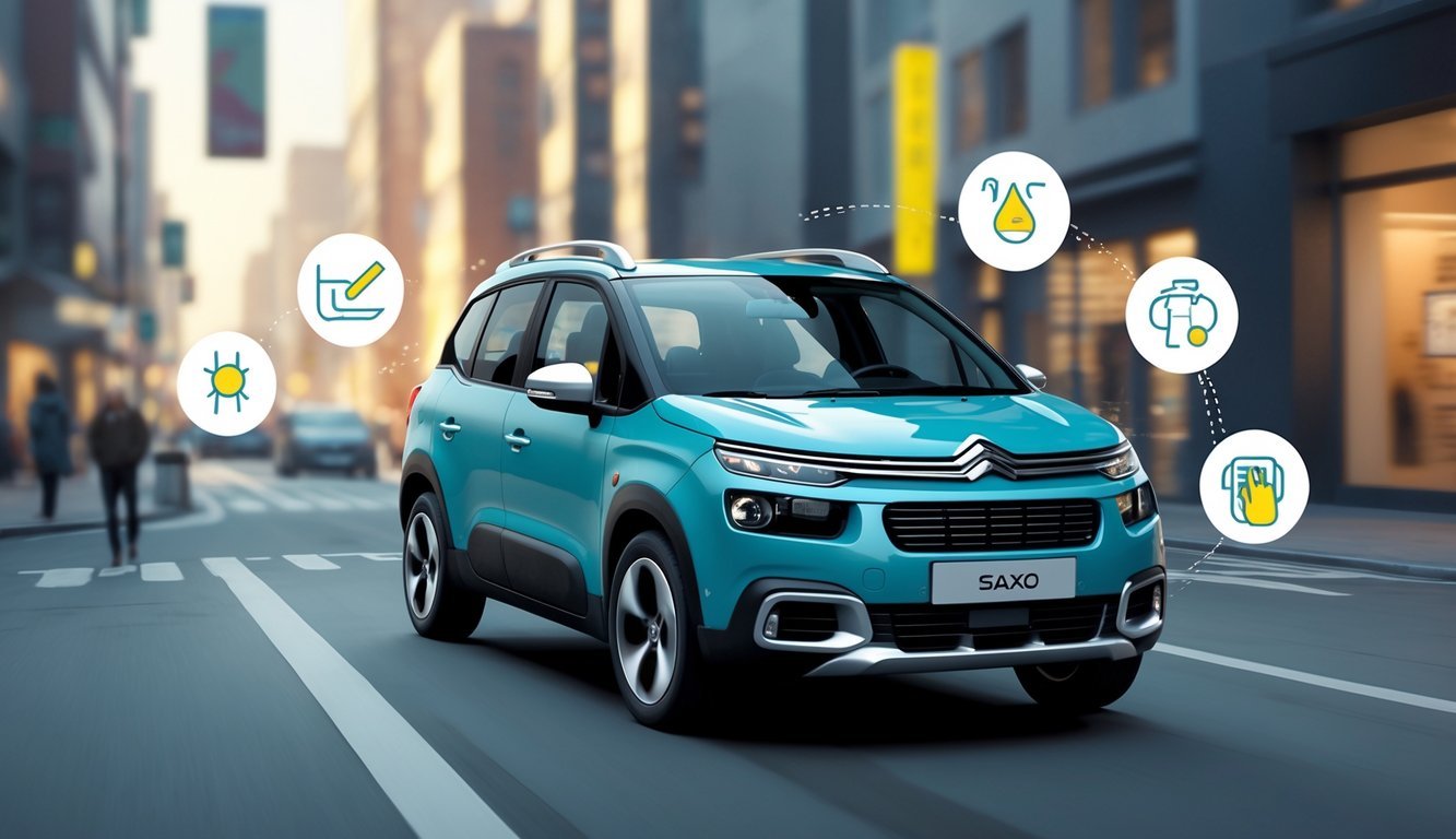 Citroën Saxo 1.5 diesel automobil na gradskom ulici s ikonama koje prikazuju prednosti i mane vlasništva.