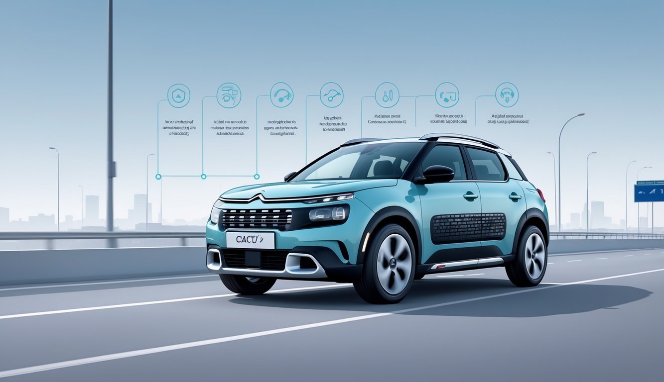 Automobil Citroën C4 Cactus na cesti s prikazom sigurnosnih i pomoćnih sustava vozaču.