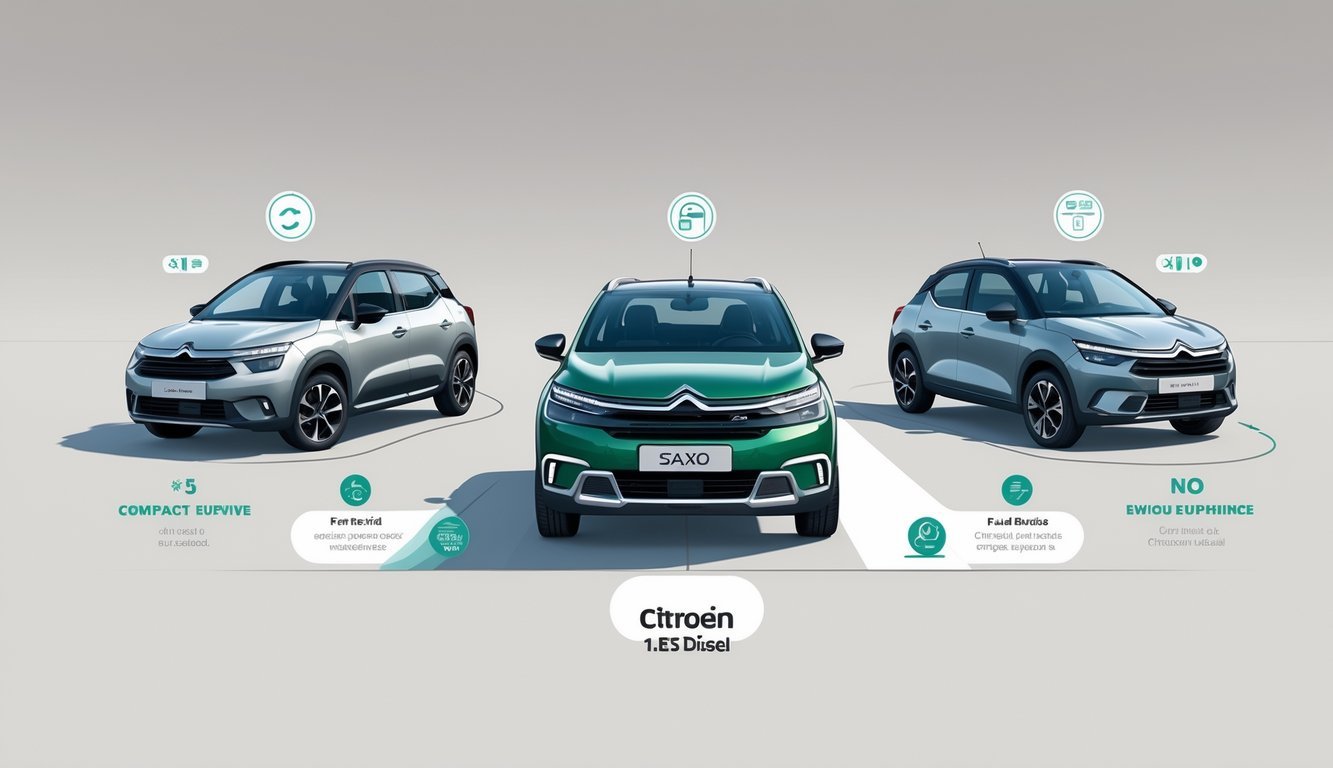 Tri kompaktna automobila postavljena jedan pored drugog za usporedbu, s Citroën Saxo 1.5 diesel u sredini.