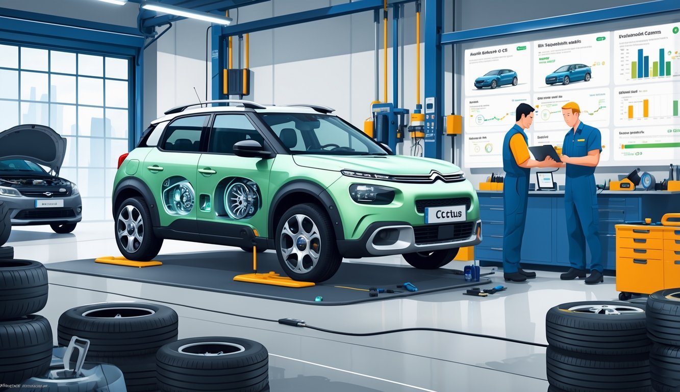 Automobil Citroën Cactus u radionici gdje mehaničari pregledavaju i popravljaju vozilo, okruženo alatima i opremom za servis.