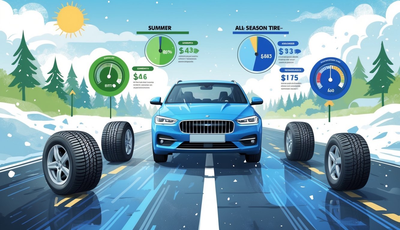 Automobil na cesti s različitim vrstama guma i prikazom potrošnje goriva i troškova vožnje tijekom cijele godine.