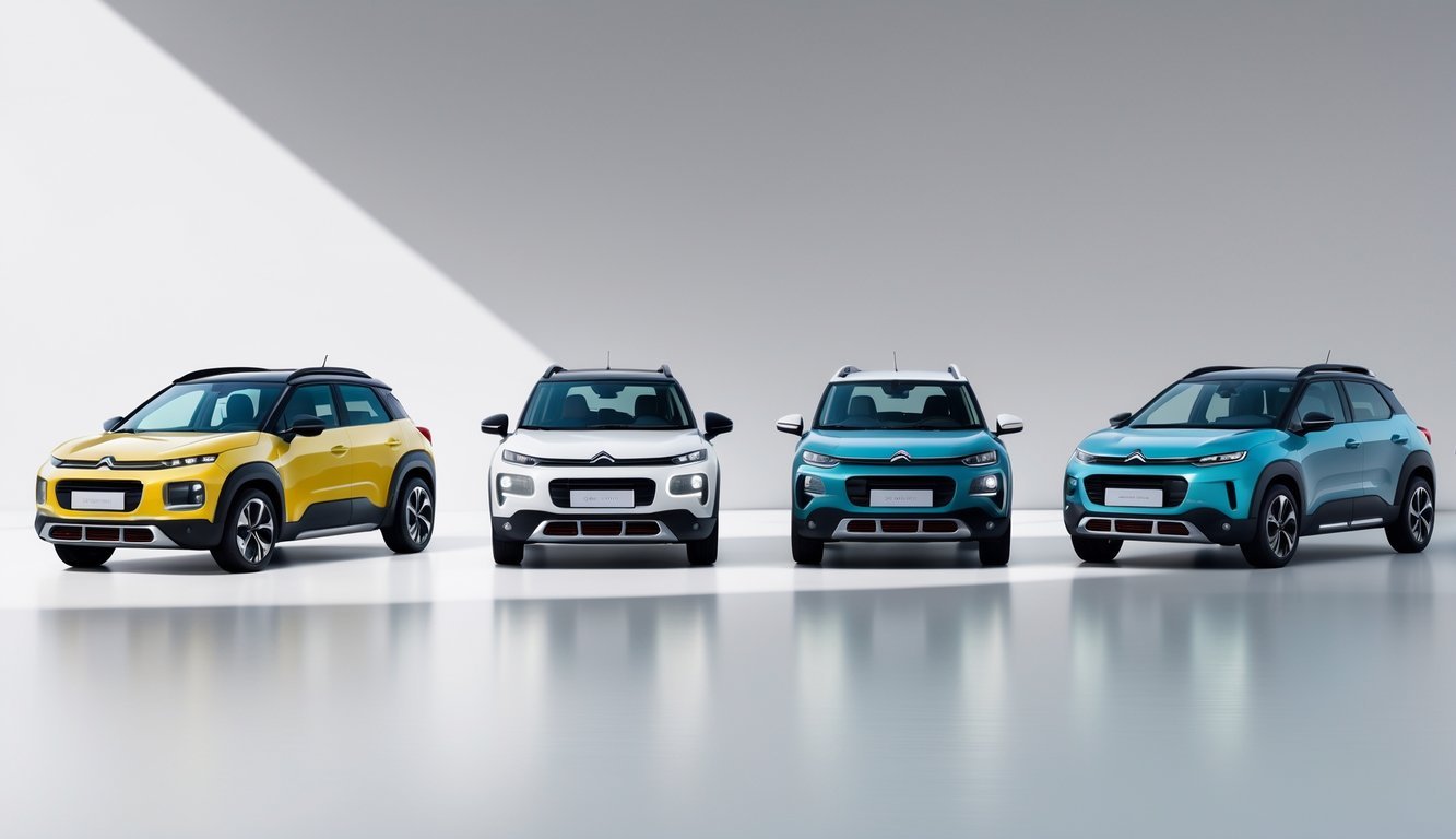 Prikaz nekoliko kompaktnih crossover vozila postavljenih jedno do drugog radi usporedbe, uključujući Citroën Cactus, na neutralnoj pozadini.