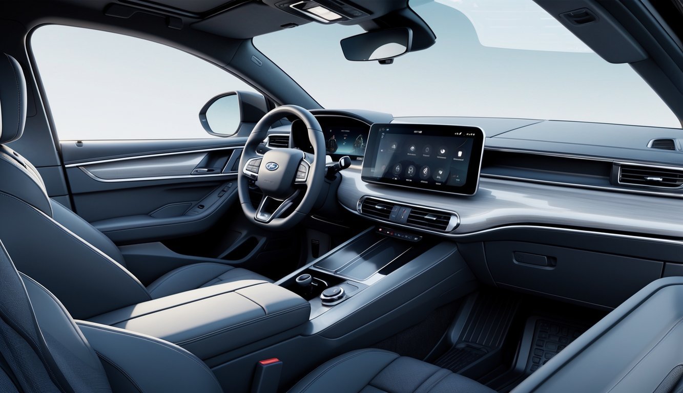 Prikaz unutrašnjosti vozila s naglaskom na kvalitetu izrade i napredni infotainment sustav, uz detalje koji simboliziraju cjelogodišnje gume.