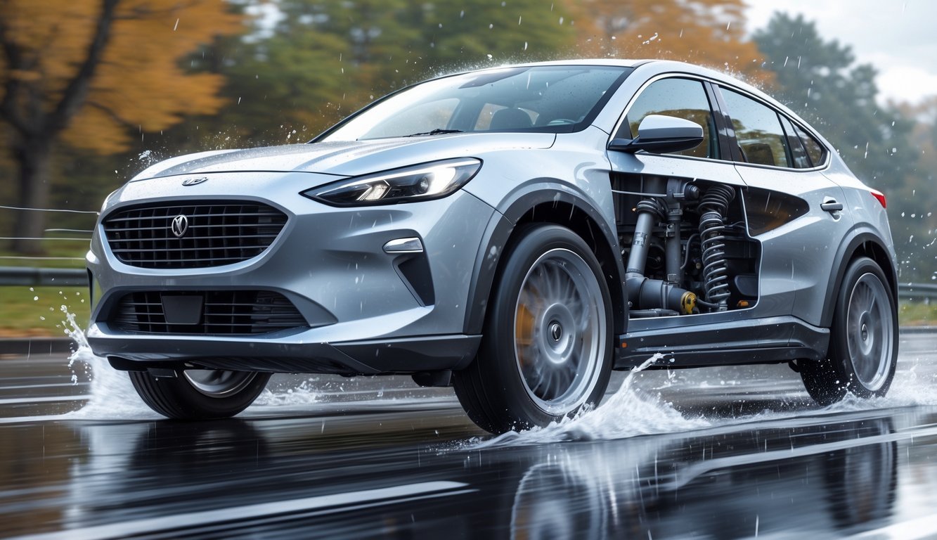 Automobil na mokroj cesti s vidljivim ovjesom i gumama koje prianjaju uz cestu tijekom vožnje po kiši.