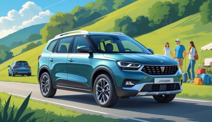 Automobil Dacia Jogger parkiran uz cestu okružen zelenilom i brežuljcima uz obitelj koja se priprema za izlet.