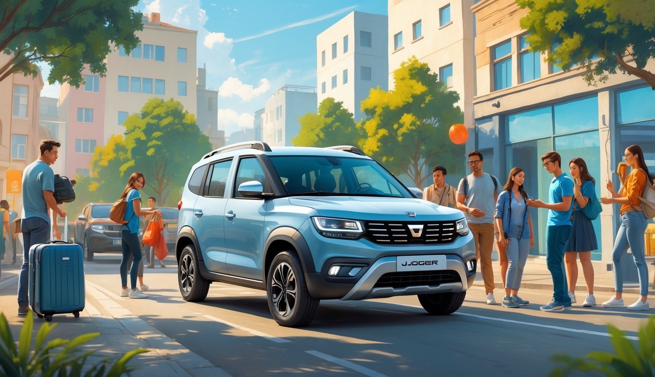 Automobil Dacia Jogger parkiran u urbanoj sredini s ljudima koji ga koriste i istražuju.