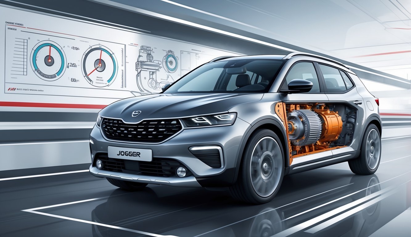 Prikaz Dacia Jogger automobila u pokretu s vidljivim motorom i mjenjačem kroz poluprozirne dijelove.