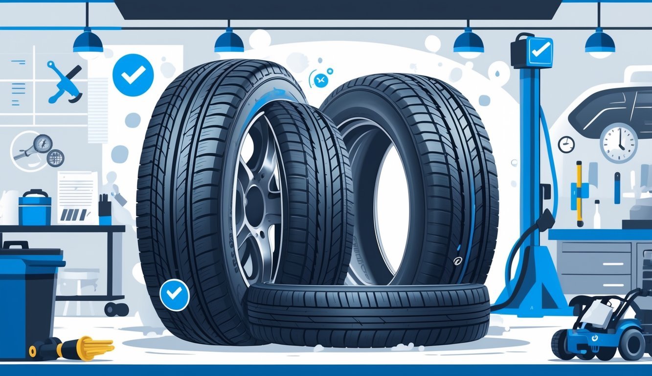 Prikaz seta cjelogodišnjih guma na vozilu s ikonama koje ilustriraju tipične kvarove i elementima koji simboliziraju troškove servisa u automobilskom servisu.