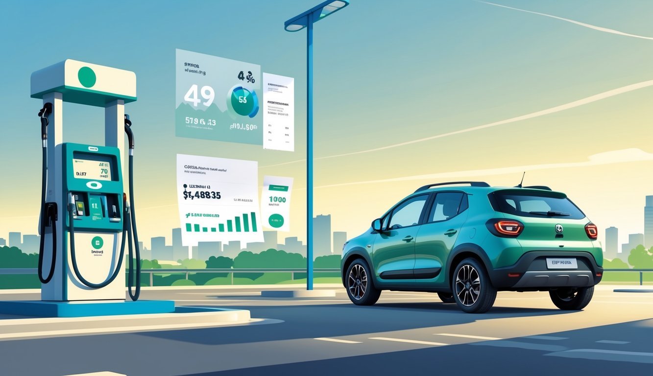 Dacia Jogger parkiran pored benzinske pumpe s prikazom potrošnje goriva i troškova vožnje.