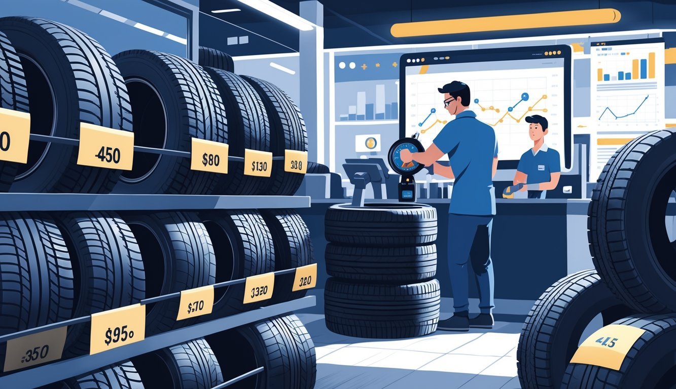 Prikaz trgovine s rabljenim cjelogodišnjim gumama gdje mehaničar pregledava gumu, a kupac razgovara s prodavačem uz police s gumama i računalom u pozadini.