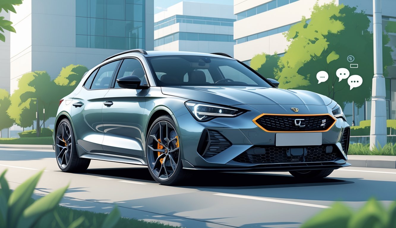 Moderan automobil Cupra Formentor parkiran u urbanom okruženju s prikazom simbola pozitivnih iskustava korisnika.