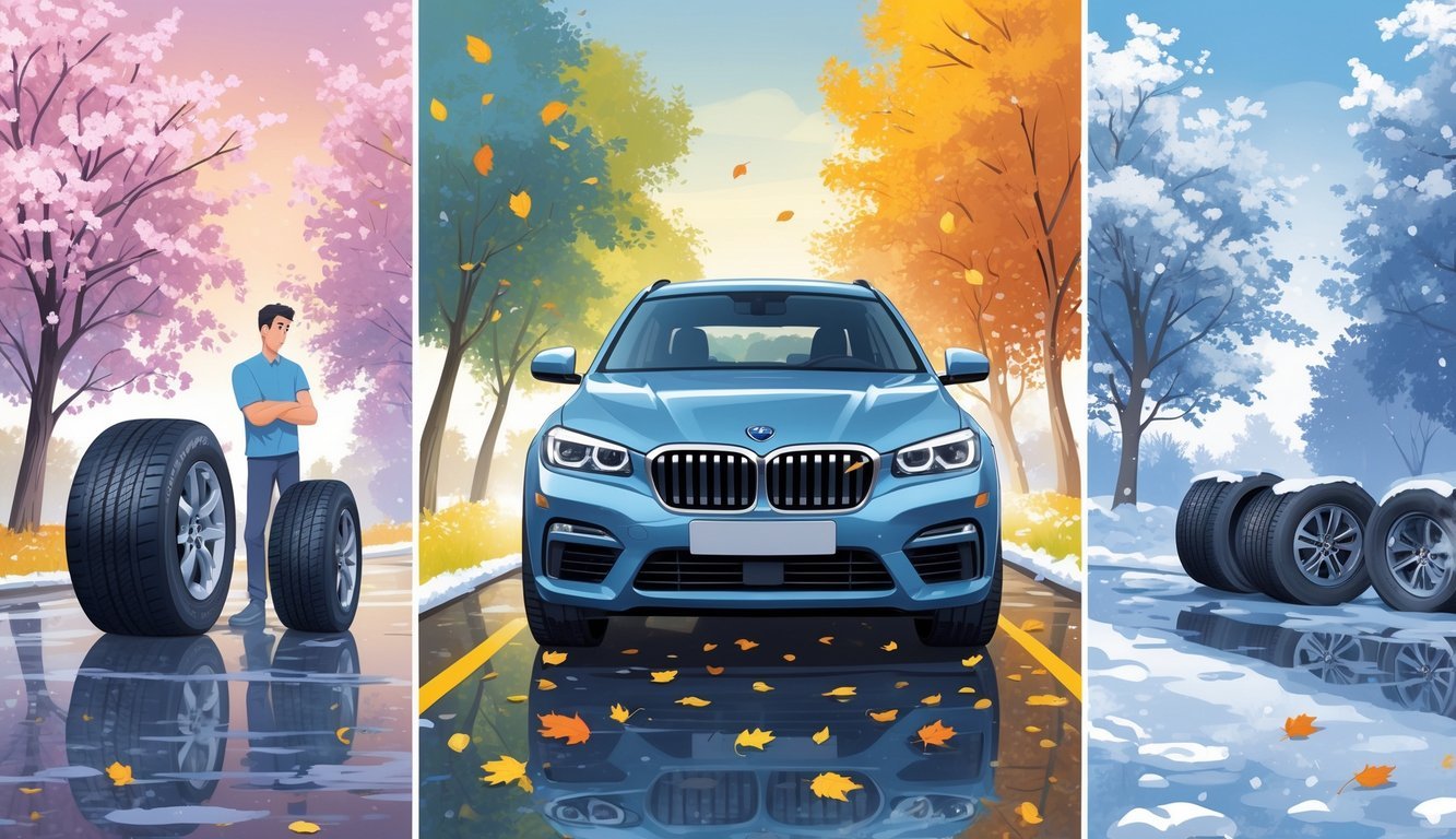 Vozač stoji kraj automobila s cjelogodišnjim gumama, okružen prizorima različitih godišnjih doba i uvjeta na cesti.