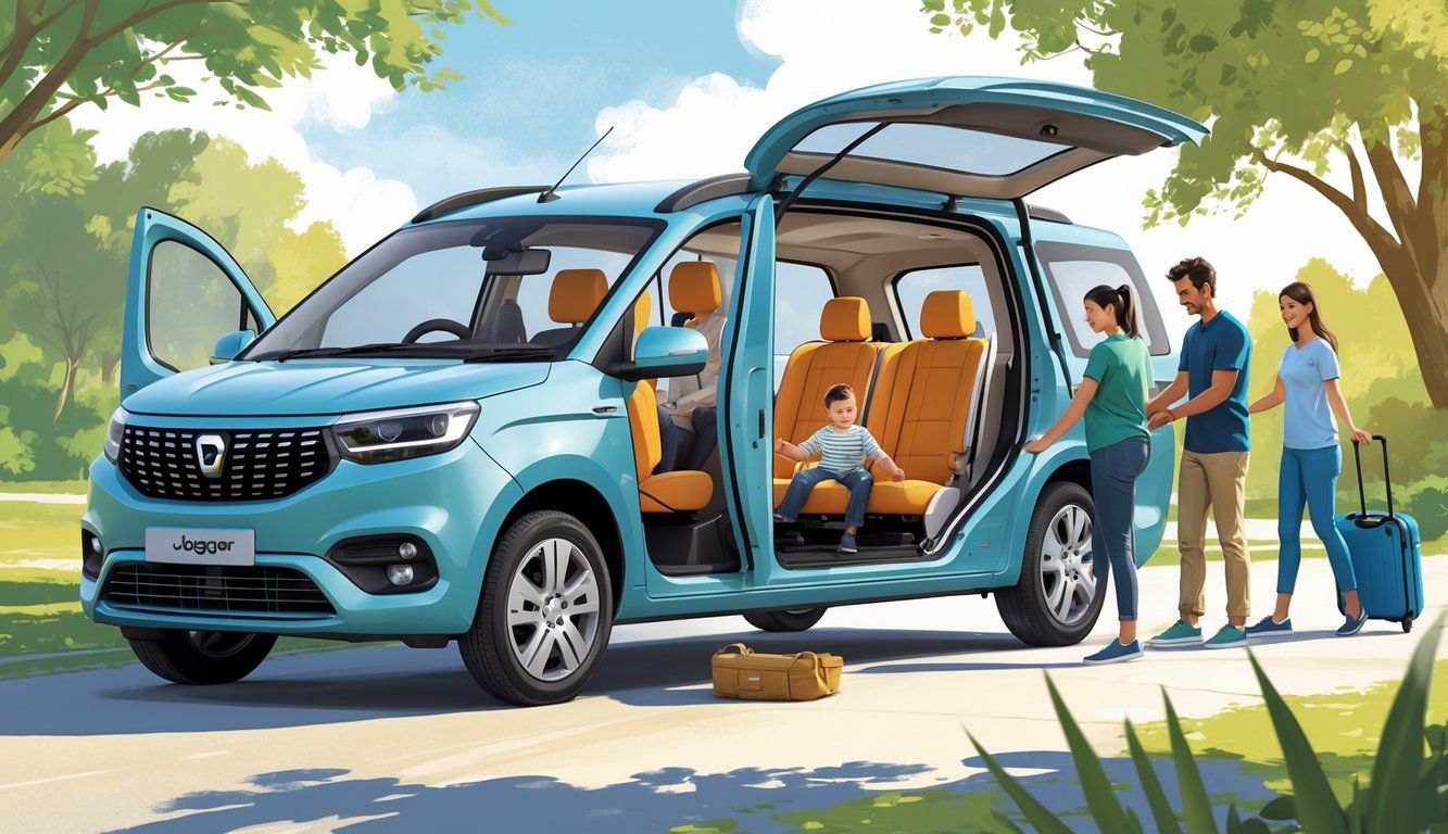 Obitelj pokraj otvorenih vrata Dacia Jogger vozila, prikazujući prostran i udoban unutarnji prostor s prtljagom i dječjom sjedalicom.