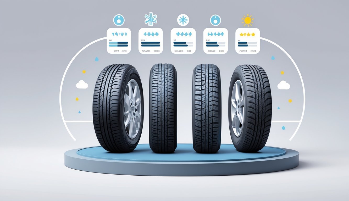 Prikaz tri različite vrste guma postavljene jedna pored druge s ikonama koje simboliziraju njihove karakteristike i performanse tijekom cijele godine.