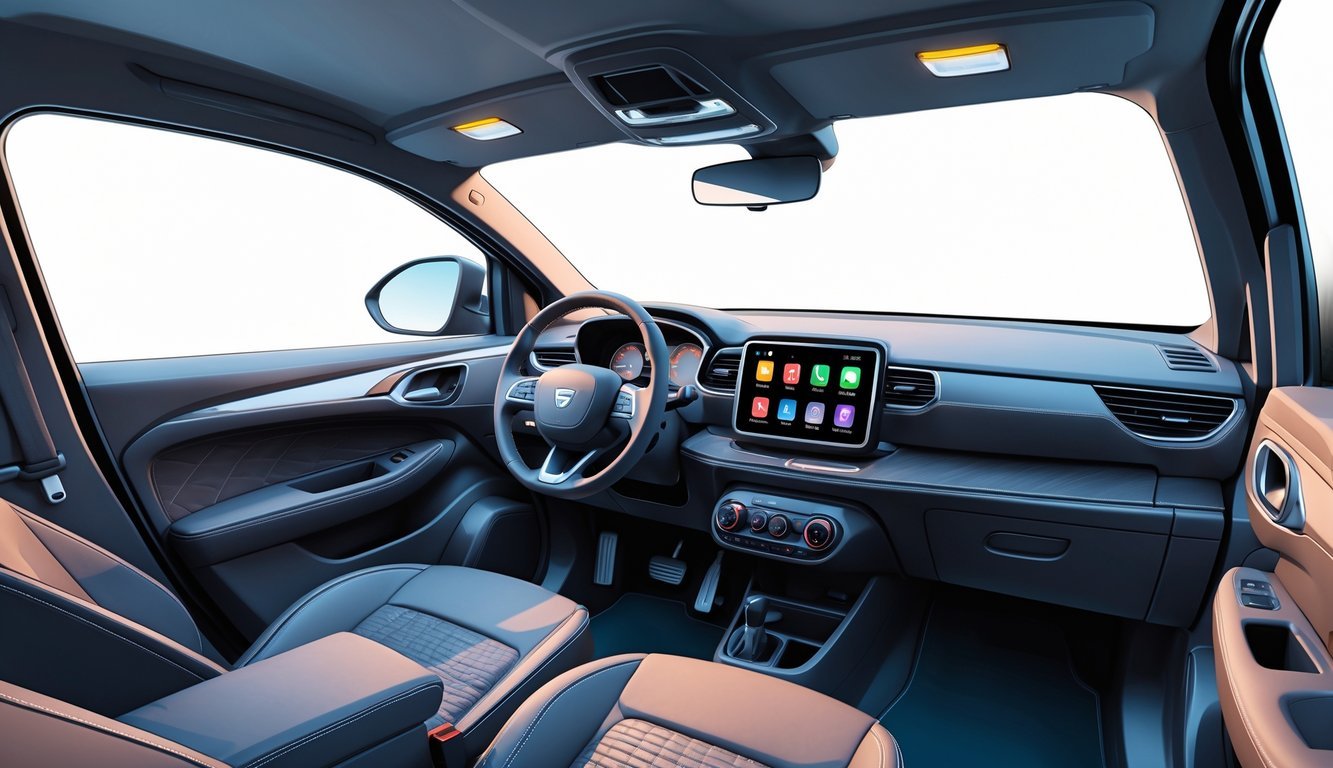 Unutrašnjost automobila Dacia Jogger s prikazom upravljača, sjedala i modernog infotainment sustava.