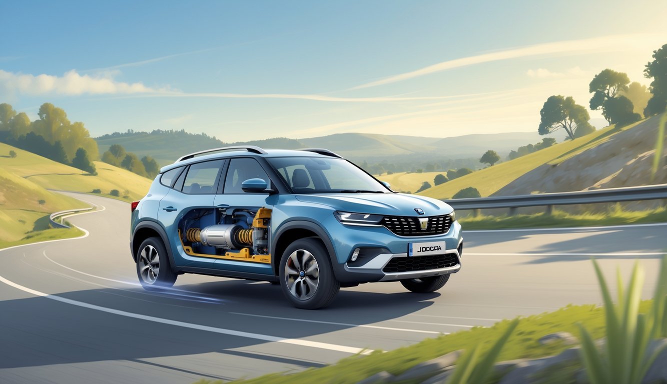 Automobil Dacia Jogger vozi cestom kroz prirodni krajolik s brežuljcima i drvećem, prikazujući njegov ovjes i dojam u vožnji.