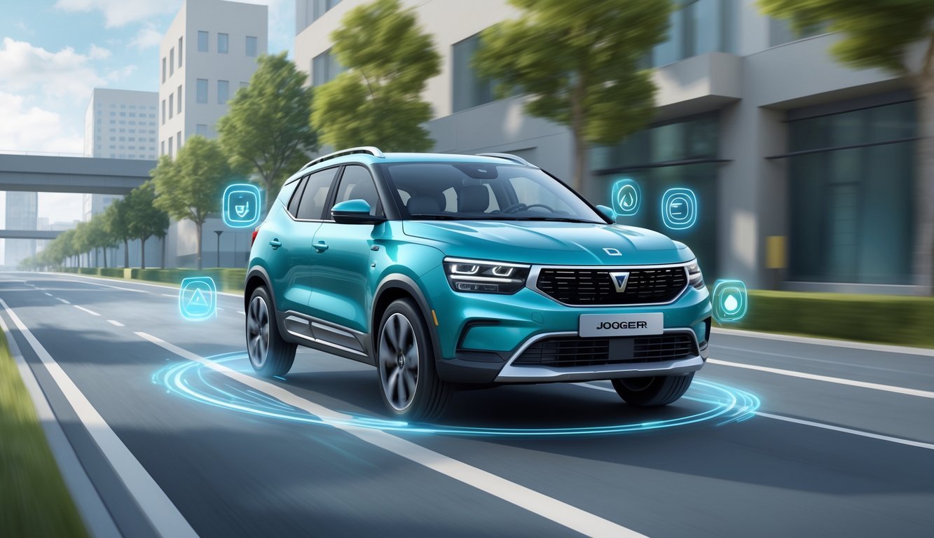 Dacia Jogger na cesti s prikazom sigurnosnih i pomoćnih sustava vozaču u akciji.