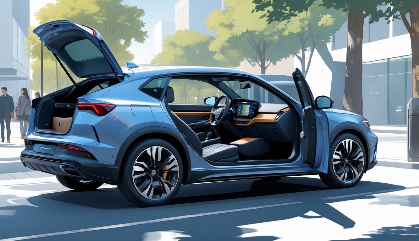 Prikaz automobila Cupra Formentor s otvorenim vratima koji pokazuje udoban i prostran unutarnji prostor u urbanom okruženju.