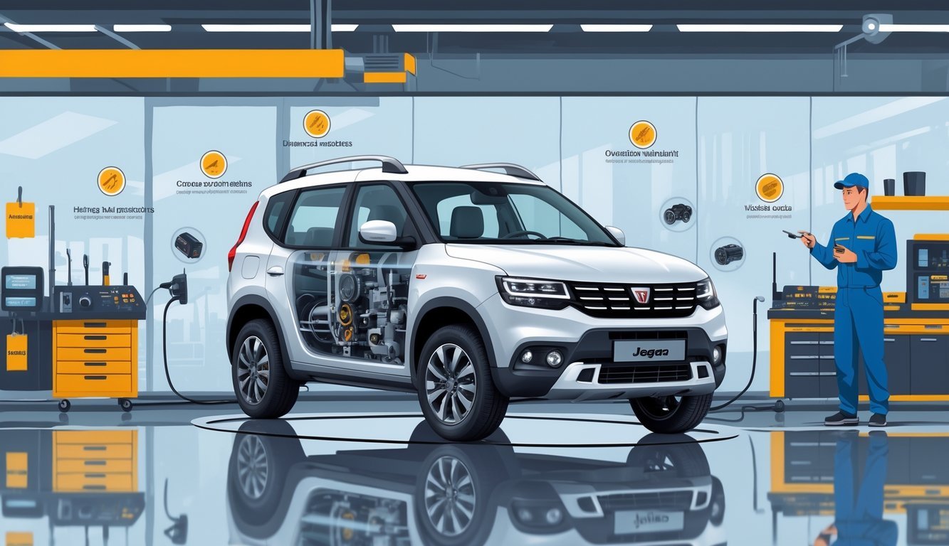 Dacia Jogger automobil s prikazom unutarnjih dijelova i mehaničar koji pregledava vozilo u autoservisu.