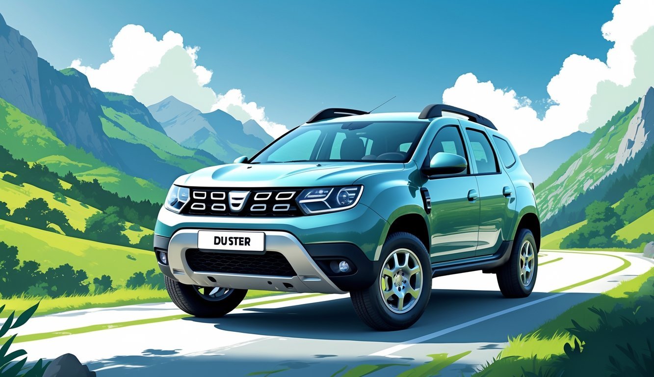 Dacia Duster parkiran na planinskom putu s pogledom na zelene brežuljke i plavo nebo.