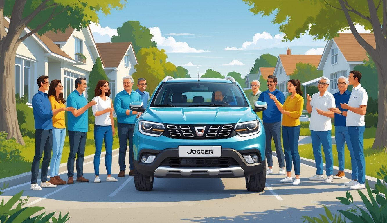 Grupa vlasnika automobila stoji oko Dacia Jogger vozila i razgovara o svojim iskustvima s njim u stambenom okruženju.