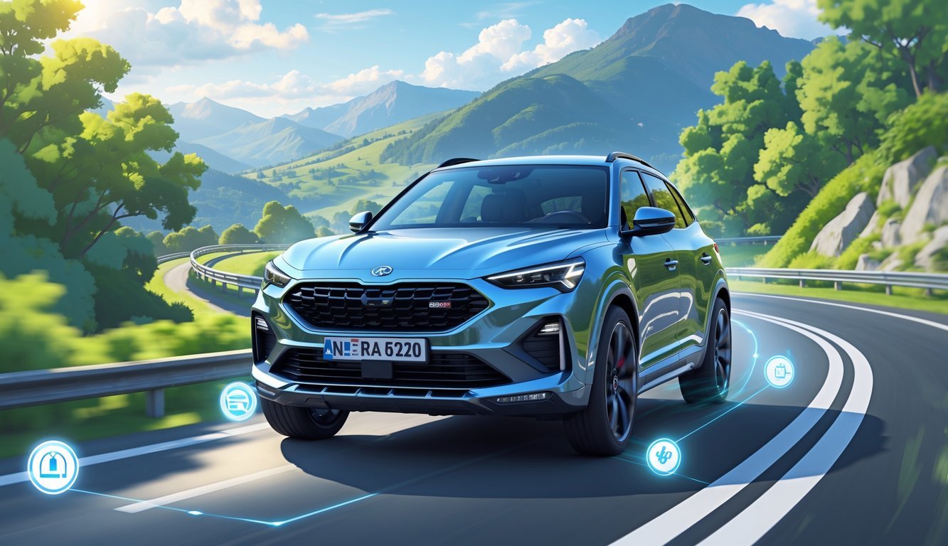 Cupra Formentor SUV na vijugavoj cesti okružen zelenilom i planinama, s prikazom sustava pomoći vozaču.