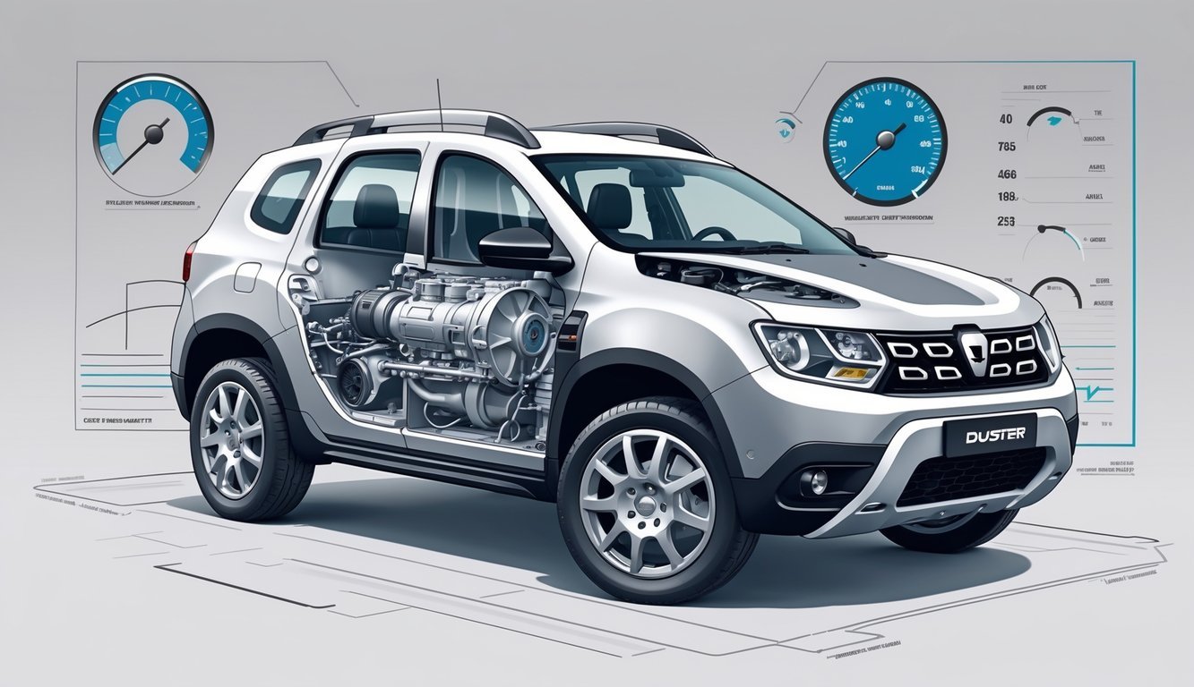 Prikaz presjeka Dacia Dustera koji pokazuje motor, mjenjač i dijelove vozila.