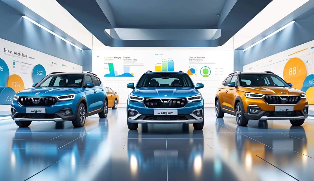 Prikaz tri automobila u izložbenom prostoru, s Dacia Joggerom u sredini i dva konkurentska modela sa strane, uz grafičke elemente u pozadini koji prikazuju usporedbu performansi.