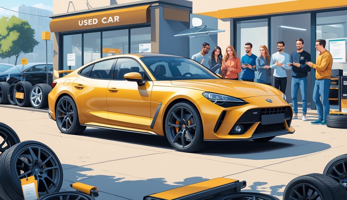 Moderna Cupra Formentor parkirana ispred salona rabljenih automobila s ljudima koji pregledavaju automobil i opremu.