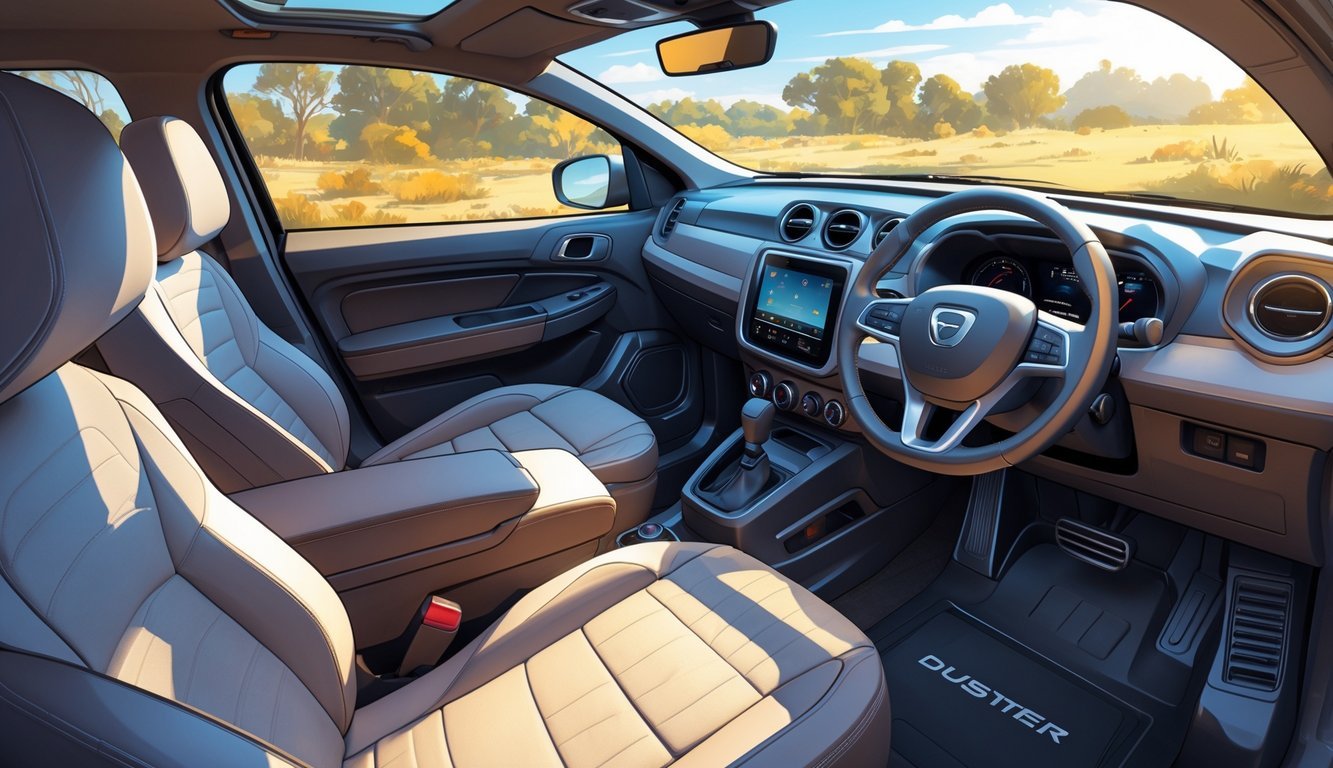 Dacia Duster parkiran u prirodi s prikazom udobnog i prostranog unutarnjeg prostora automobila.