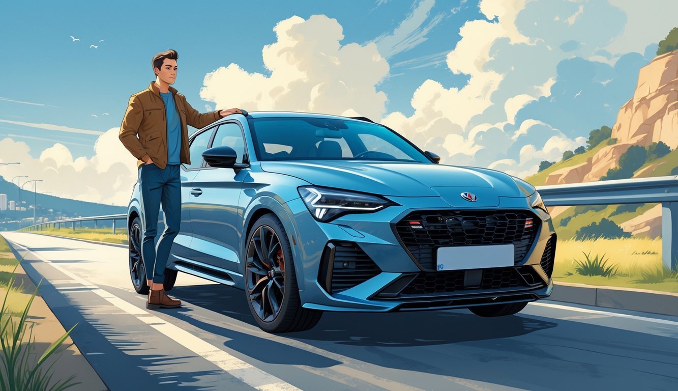 Vlasnik stoji kraj svog automobila Cupra Formentor na cesti s gradom i prirodom u pozadini, promišljajući o prednostima i manama vozila.