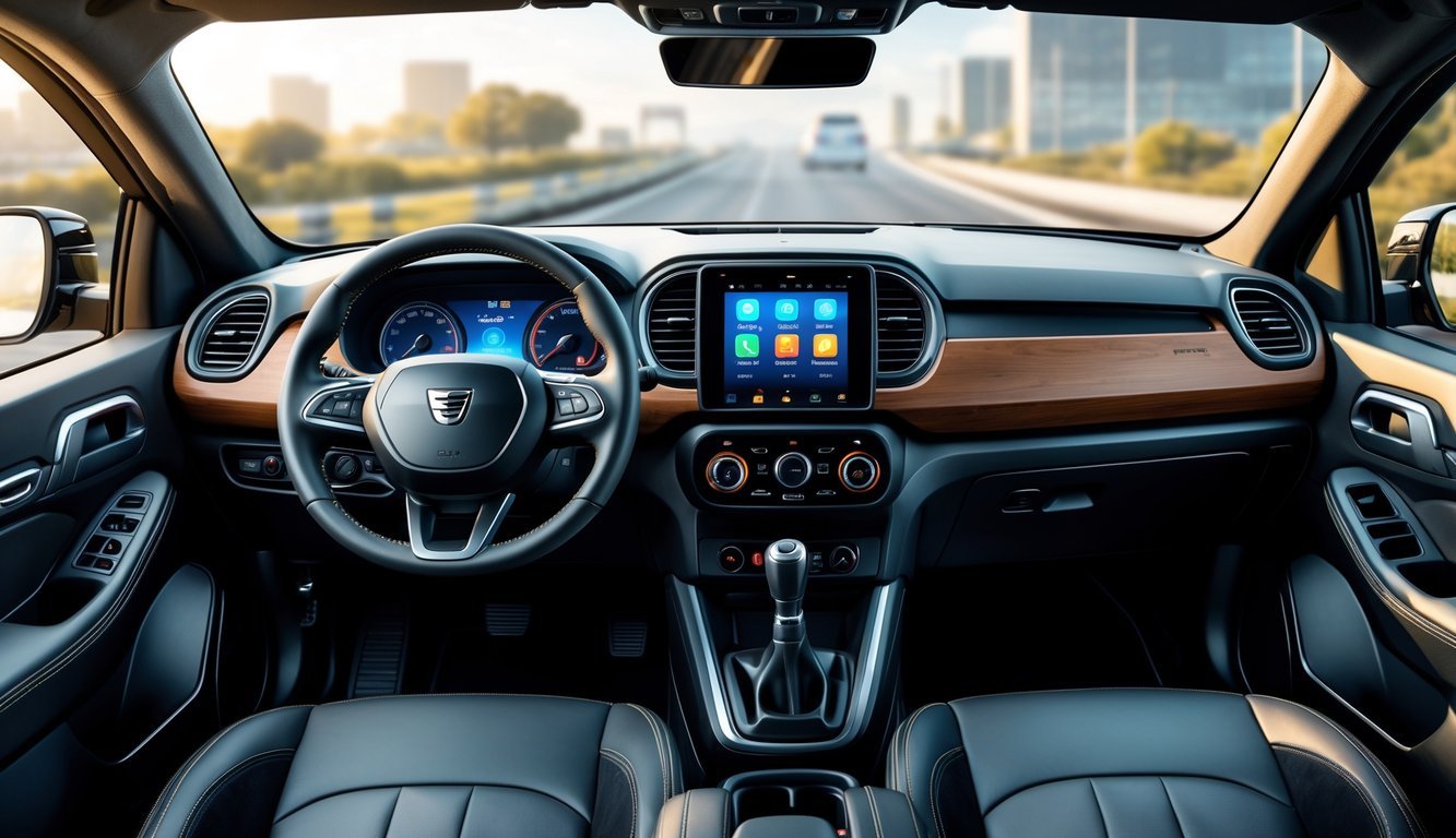 Unutrašnjost automobila Dacia Duster s prikazom upravljačke ploče, zaslona infotainment sustava i udobnih sjedala.
