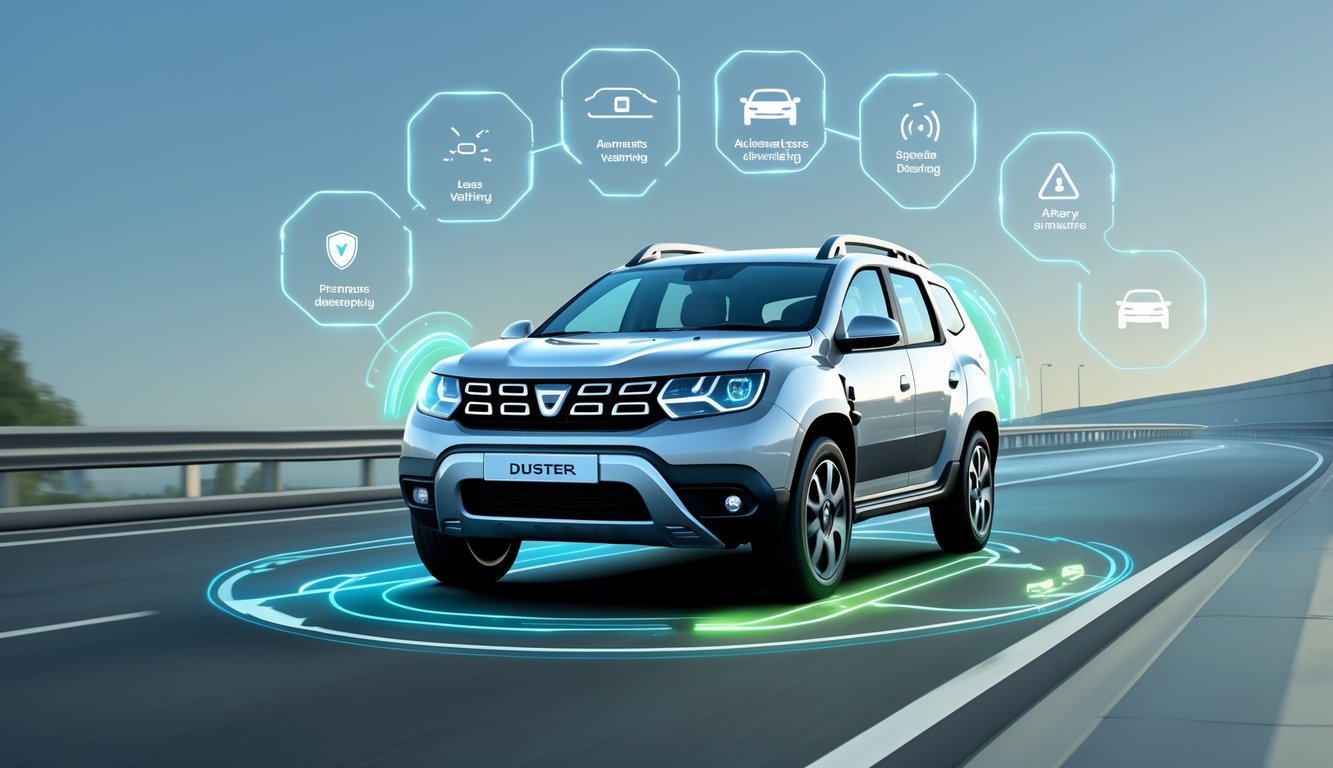 Dacia Duster na cesti s prikazom simbola sigurnosnih i pomoćnih sustava za vozača oko vozila.