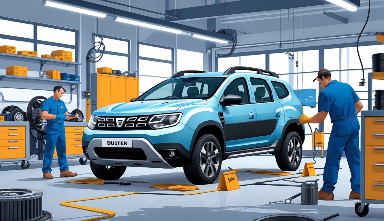 Dacia Duster u automehaničarskoj radionici dok mehaničari pregledavaju i popravljaju vozilo.