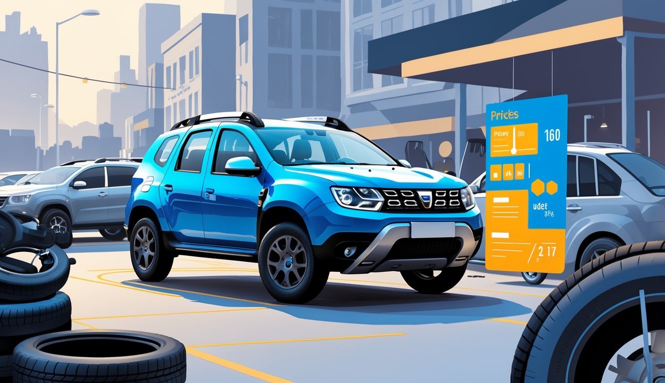 Dacia Duster parkiran u gradskom okruženju s prikazom opreme i grafičkim elementima koji simboliziraju cijene i tržište rabljenih vozila.