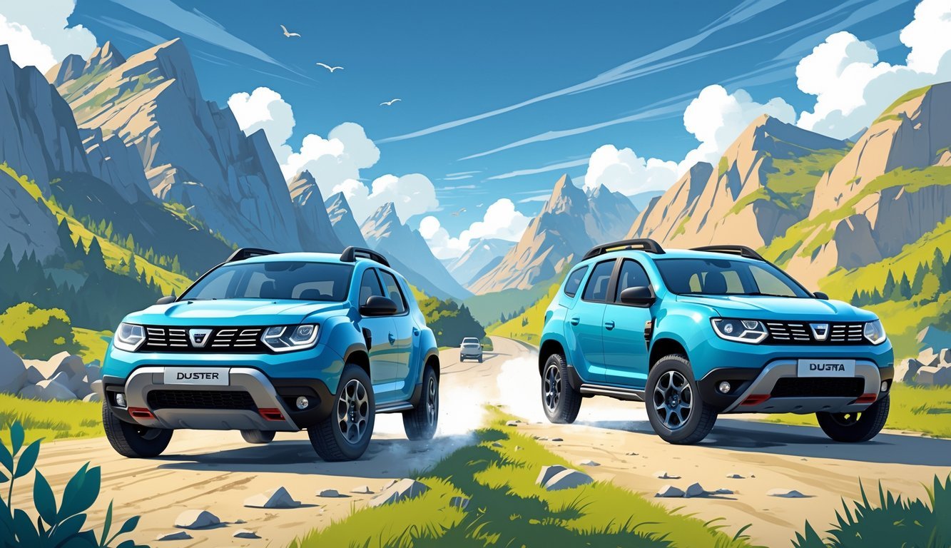Vozač Dacia Dustera prikazan s jedne strane kako uživa u vožnji po planinskom terenu, a s druge strane suočen s manjim problemima poput probušene gume ili popravka.