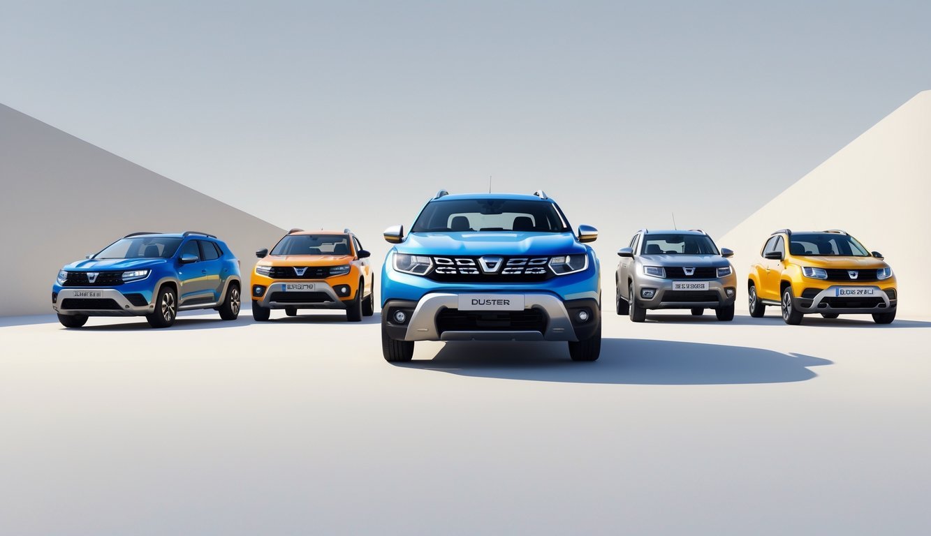 Više kompaktnih SUV vozila postavljenih u nizu, s Dacia Dusterom u središtu i drugim modelima oko njega za usporedbu.