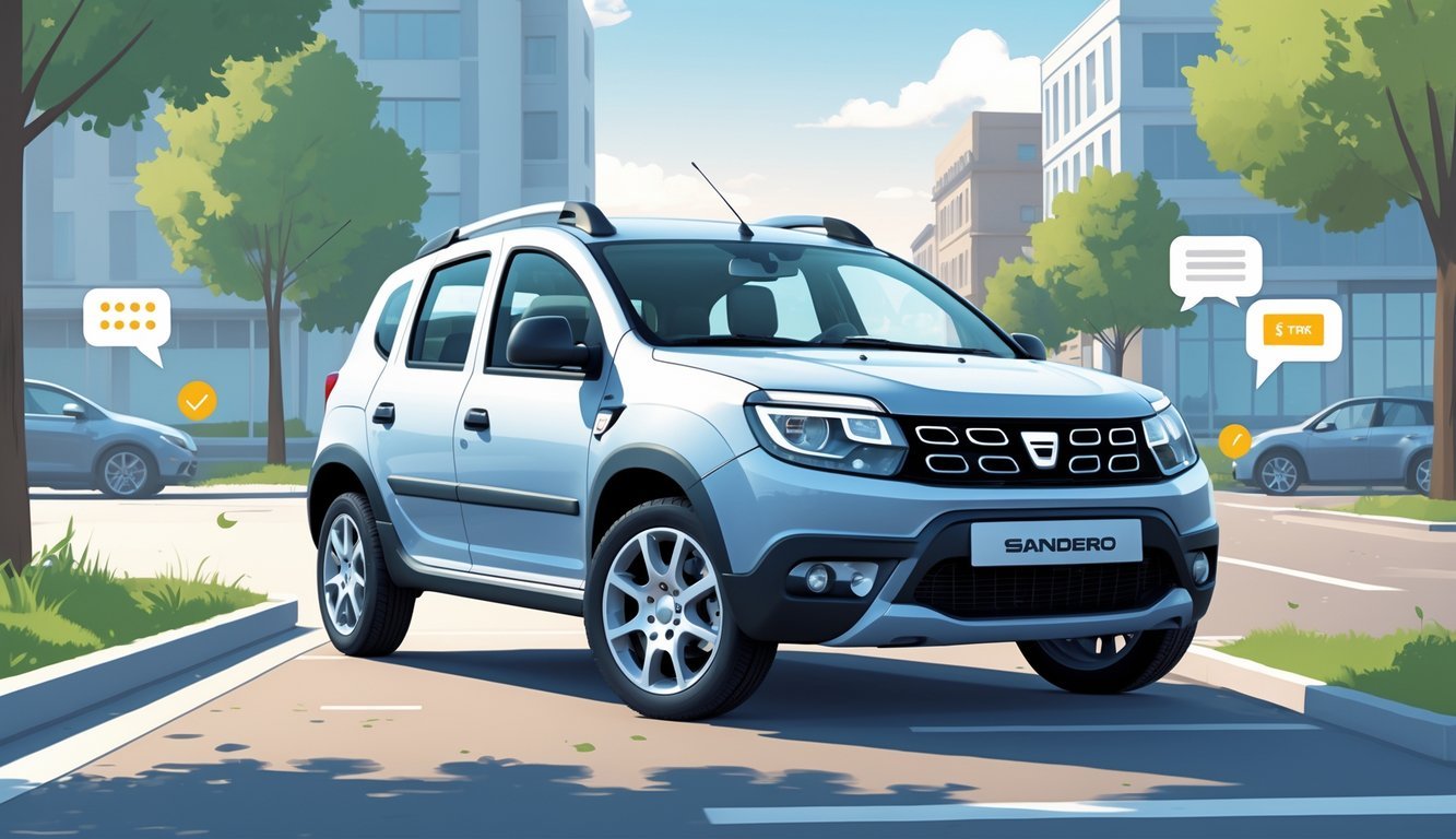 Moderan Dacia Sandero parkiran u gradskom okruženju s ikonama koje simboliziraju korisnička iskustva oko automobila.